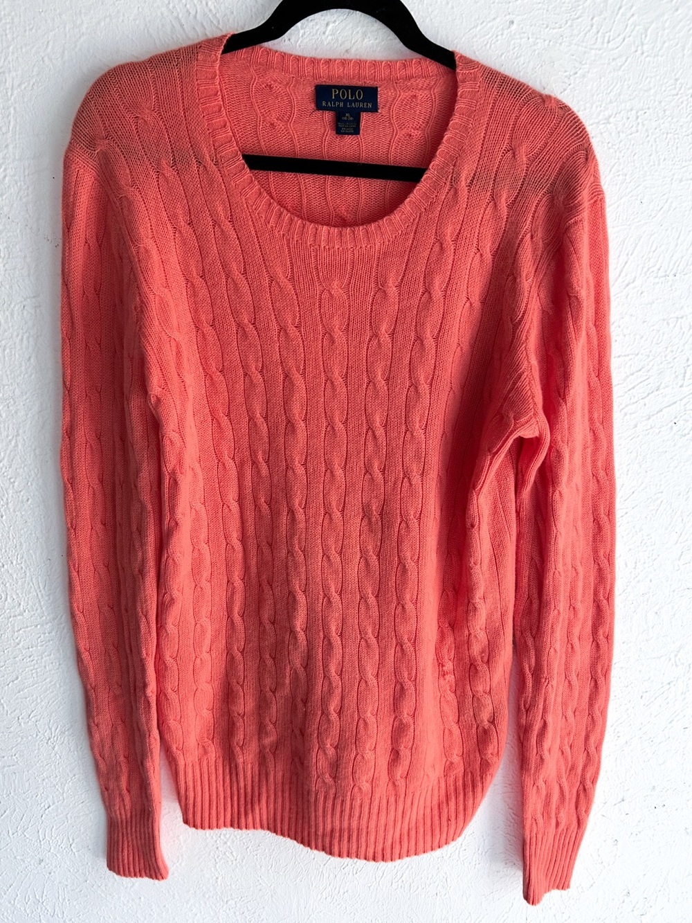 Polo Ralph Lauren 100% Cashmere Cable Knit Sweater Coral Pink XL Quiet Luxury